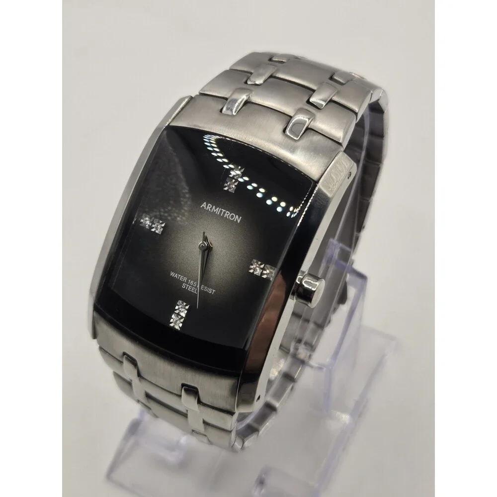 Armitron Men’s Rectangle Dress Watch Silver Tone All Stainless Black Dial WR50M